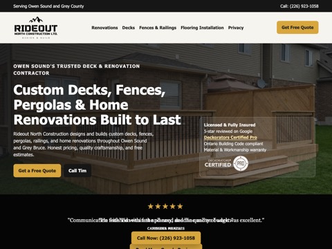 Screenshot of the Rideout North Construction- Owen Sound website
