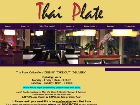 Screenshot of the Thai Plate Restaurant website
